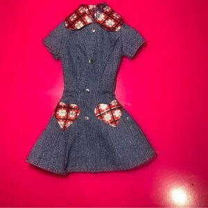 Vintage Barbie Denim Jean Dress 1997 Style Red Plaid Heart Accents  #18219